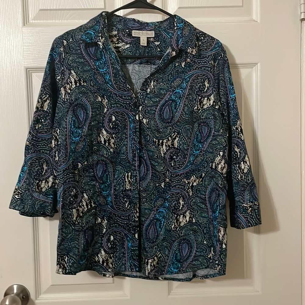 Womens Size Large, Blue and Purple Paisley, Dana Buchman, 3/4 Length Sleeve Top